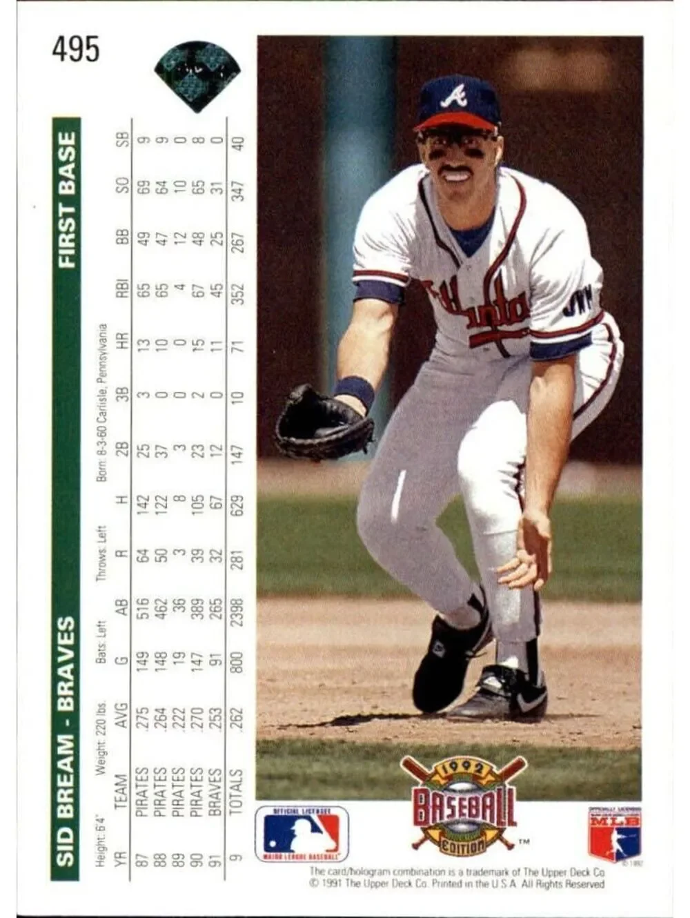 Sid Bream 1992 Upper Deck MLB #495 Baseball Card Atlanta Braves